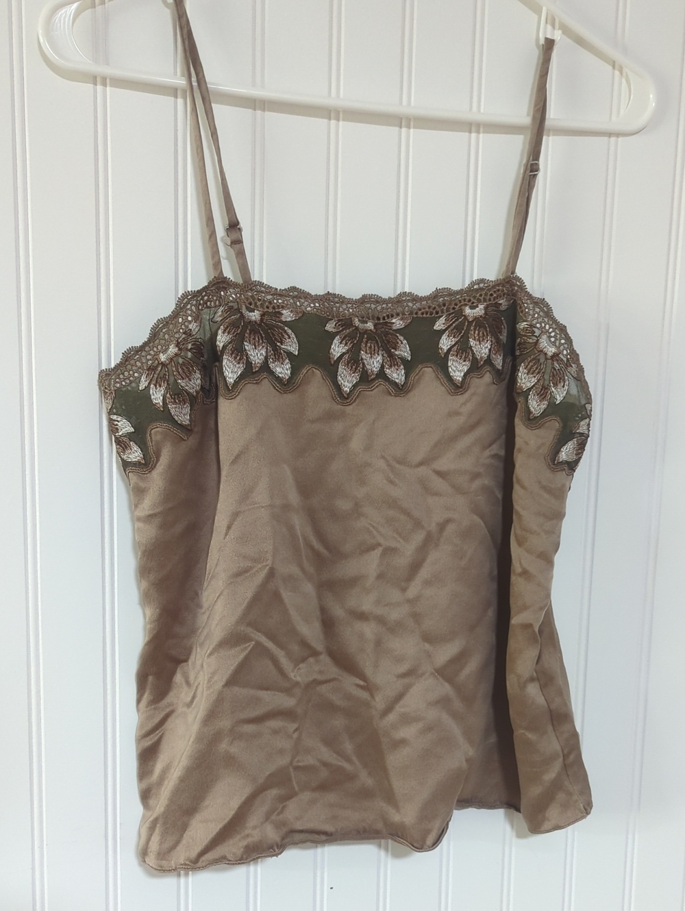 Aubade Taupe Satin Brown Camisole with Olive Green Floral Lace